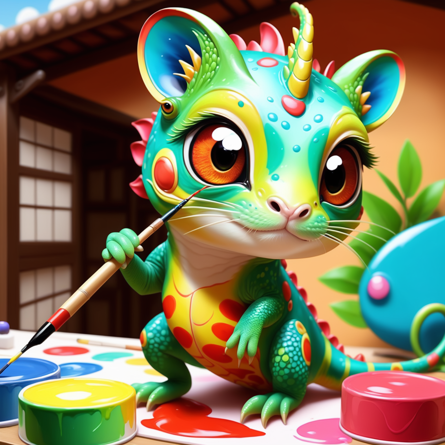 Kawaii Chameleon Painter changing its body colors to match its vibrant painting. Render this in an anime style, focusing o...